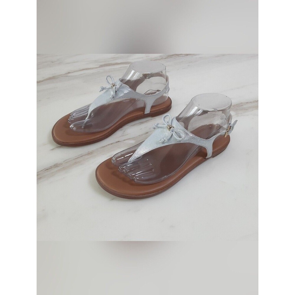 COLE HAAN Silver Metallic Bow Accent T-Strap Thong Sandals Sz 8B